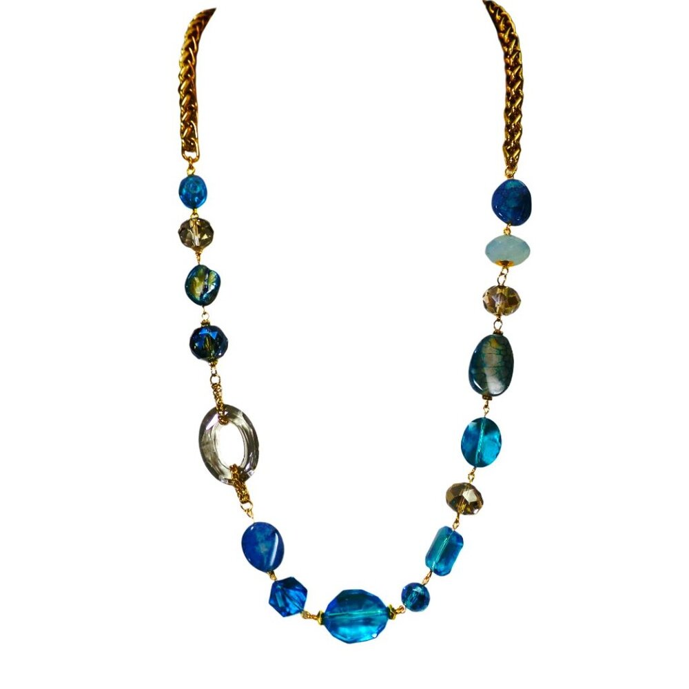 Long aqua blue, turquoise, and gray color bead necklace w/ glass, stone, shell.